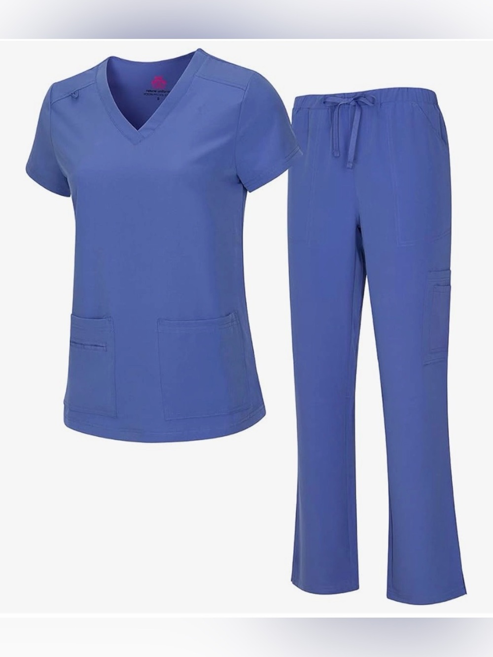 Medium Women’s V-Neck Scrub Top & Drawstring Cargo Pants Set - Ceil Blue